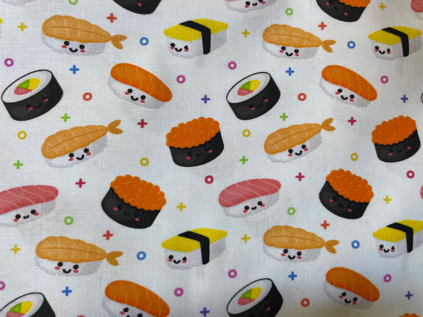 White Black Orange Sushi Food Print Cotton Poplin Quilt “Sushi Zone”