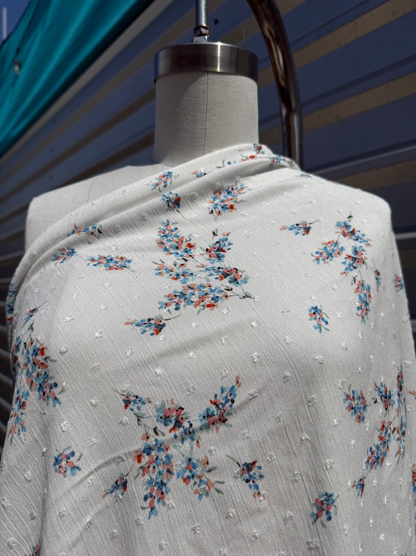White Blue Pink Floral Swissdot Rayon Crepe Woven "Blanca Blooms"