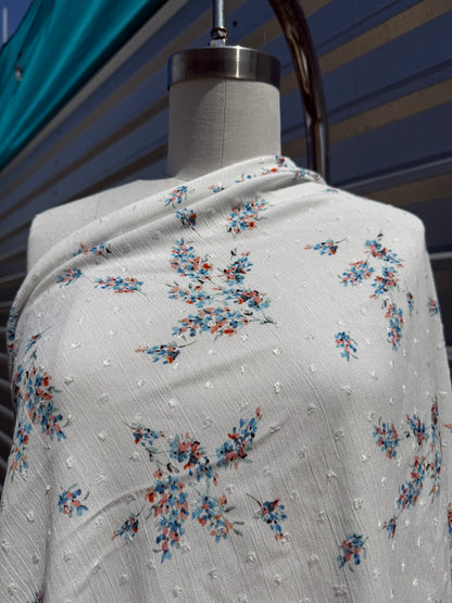 White Blue Pink Floral Swissdot Rayon Crepe Woven "Blanca Blooms"