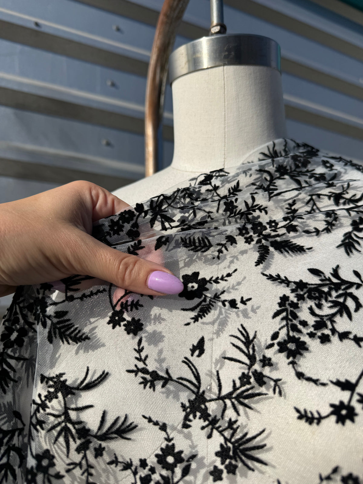 Grey Black Flocked Ditsy Floral  Mesh Tulle Polyester "Sabrina in Moonlight”