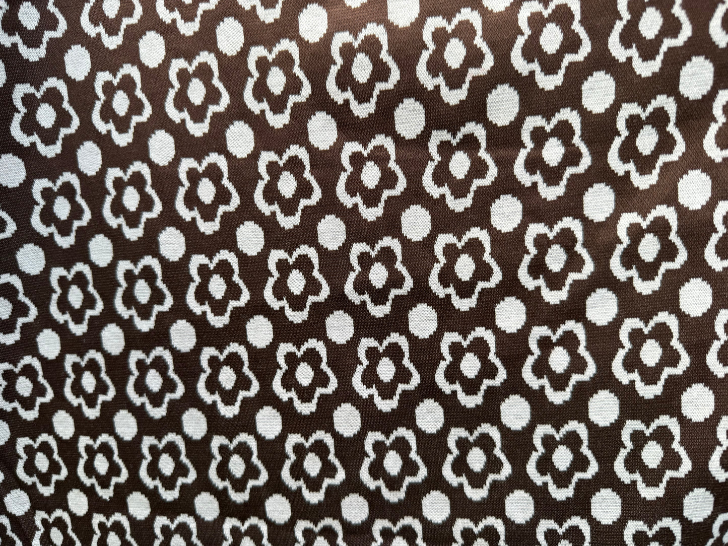 Brown White Retro Daisy Dot Print Polyester Spandex Ponte "Oliva's Brownies"
