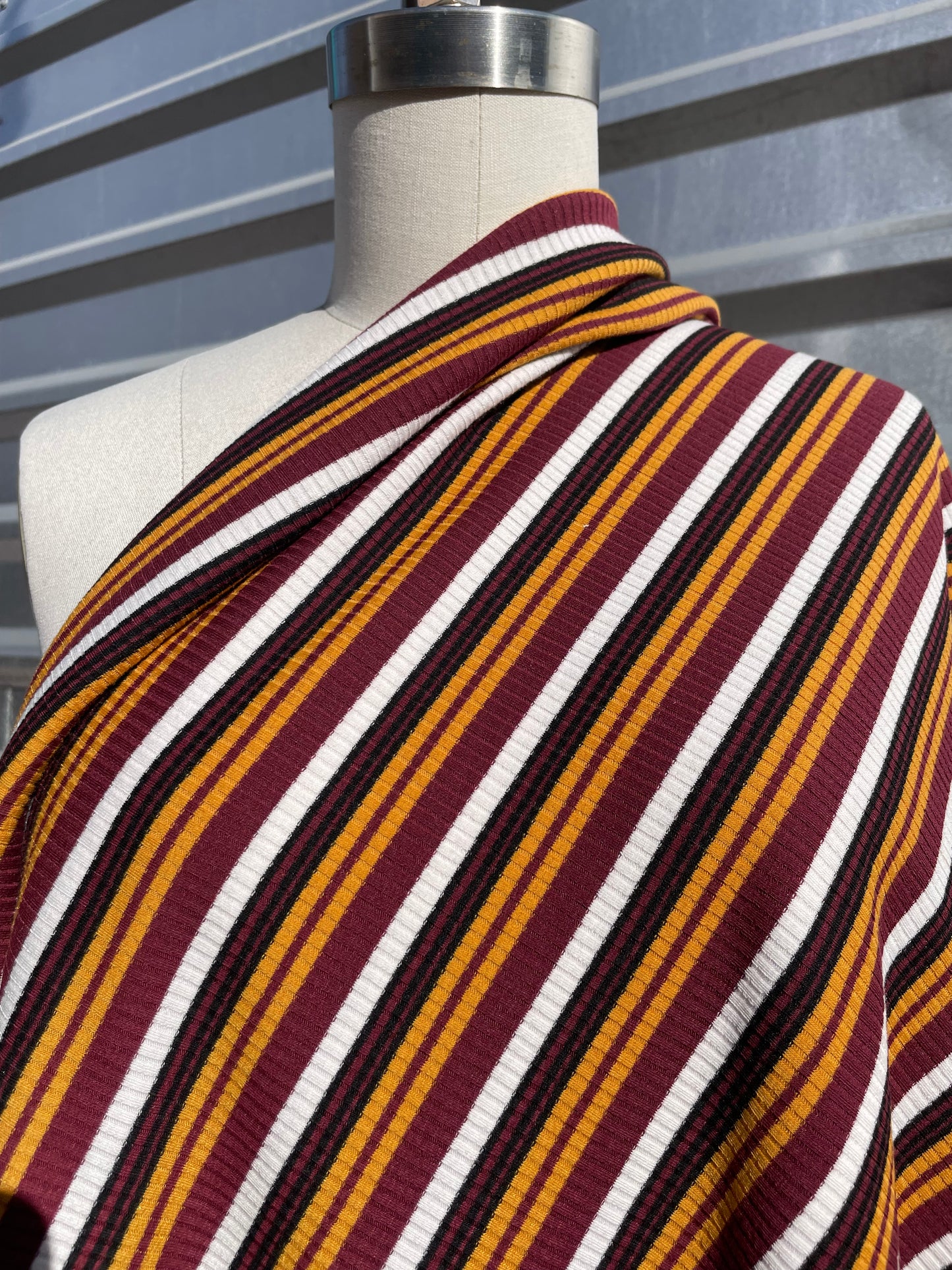 Rust Brown Gold White Retro 70's/90's Stripe 2x1 Soft Rayon/Spandex Rib "Sheryle Skates Backwards"