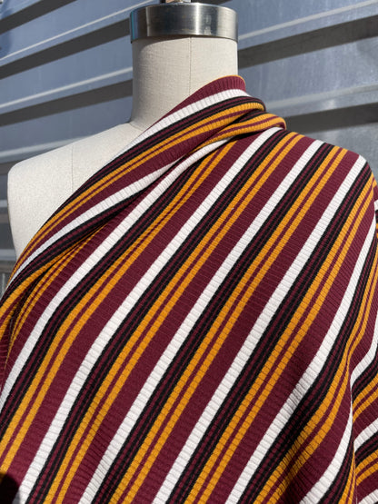 Rust Brown Gold White Retro 70's/90's Stripe 2x1 Soft Rayon/Spandex Rib "Sheryle Skates Backwards"