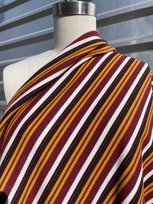 Rust Brown Gold White Retro 70's/90's Stripe 2x1 Soft Rayon/Spandex Rib "Sheryle Skates Backwards"