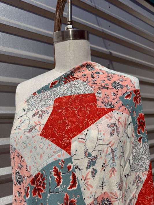 Ivory Rust Turquoise Patchwork Floral Rayon Crepe Woven "Autumn on the Praire"