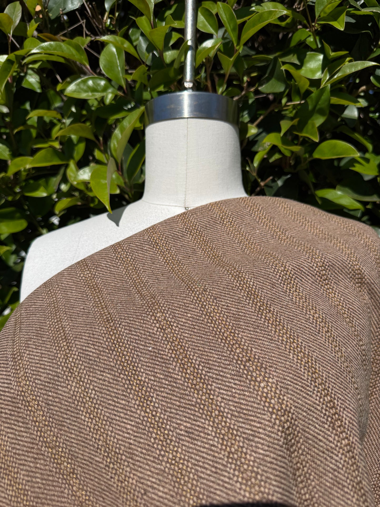 Tan Brown Woven Herringbone Stripe Wool Polyester Coating "Basket Weave"