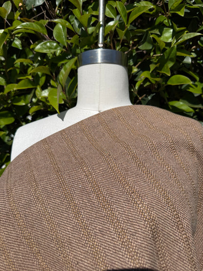 Tan Brown Woven Herringbone Stripe Wool Polyester Coating "Basket Weave"