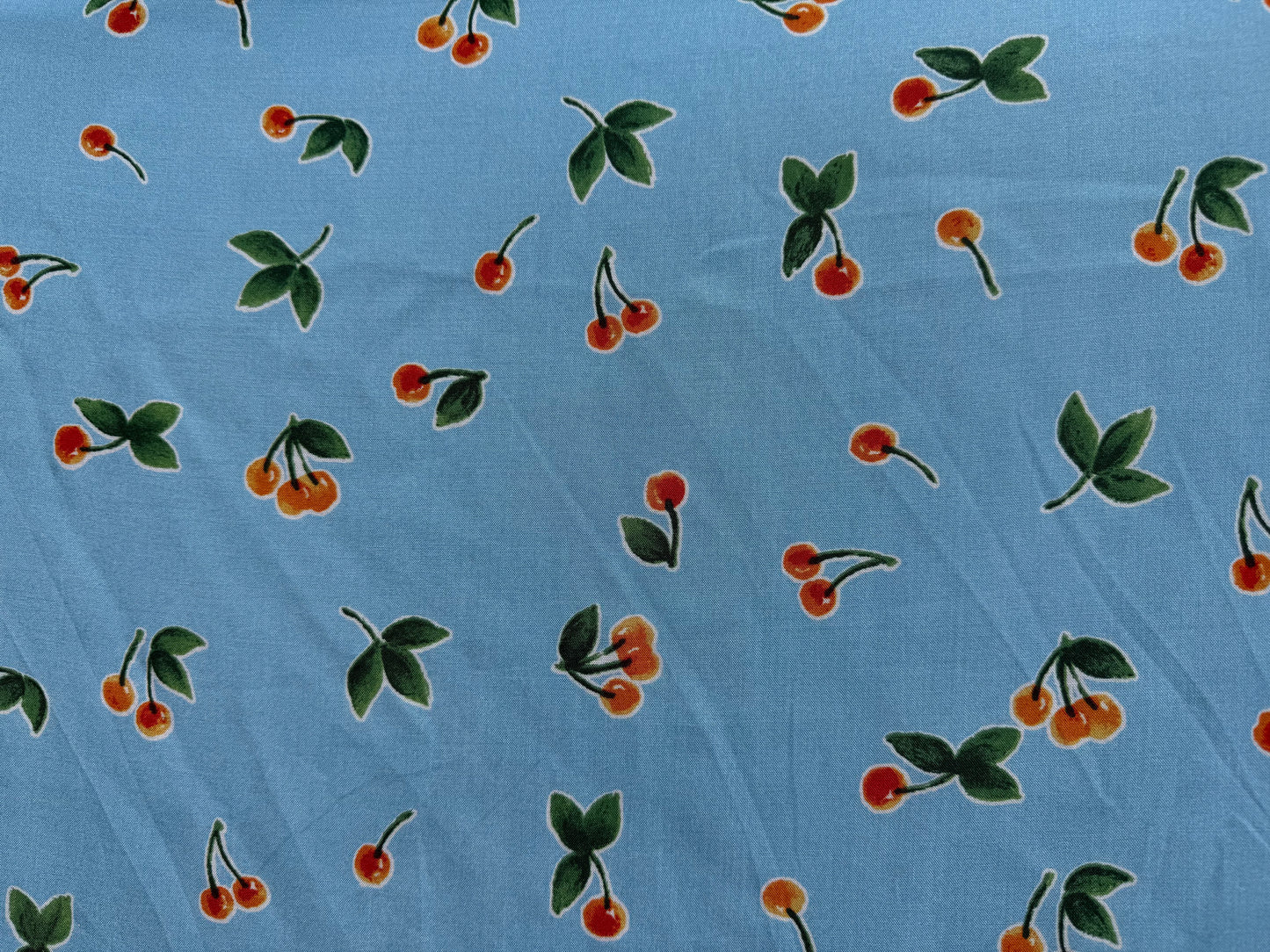 Blue Red Green Cherry Print Rayon Challis "Blue Ribbon Pie"