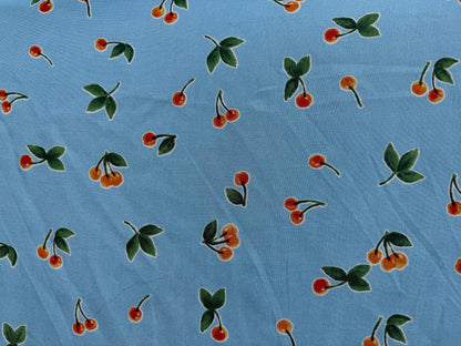Blue Red Green Cherry Print Rayon Challis "Blue Ribbon Pie"