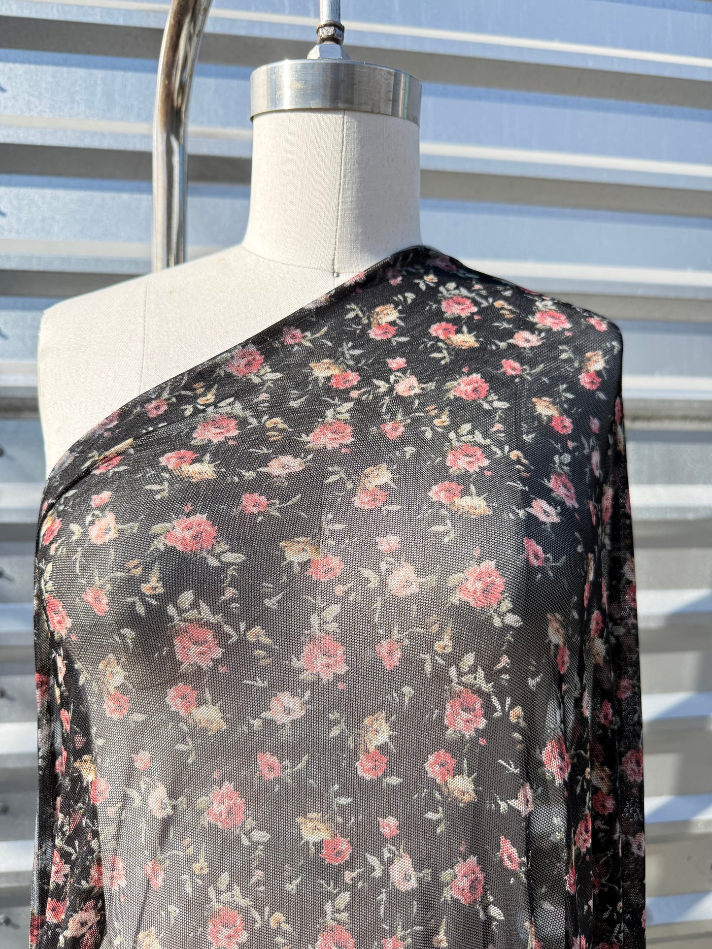 Black Red Green White Rose Floral Print Micro Mesh Stretch Knit "Blooming Rose"