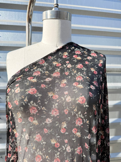 Black Red Green White Rose Floral Print Micro Mesh Stretch Knit "Blooming Rose"