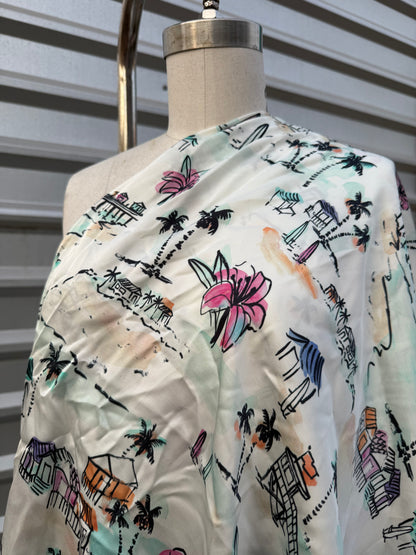 Black Orange Blue Pink Purple Ivory Tan Floral Beach Palm Tree Rayon Satin Woven "Island Breeze"