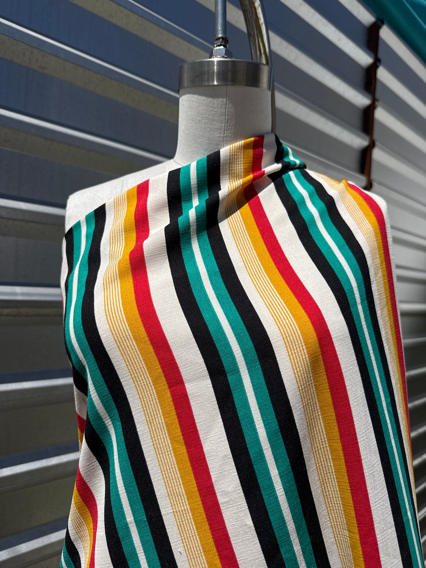 Red Yellow Navy Green White Bold Stripe Polyester Crepe "Mocktail Mixer"