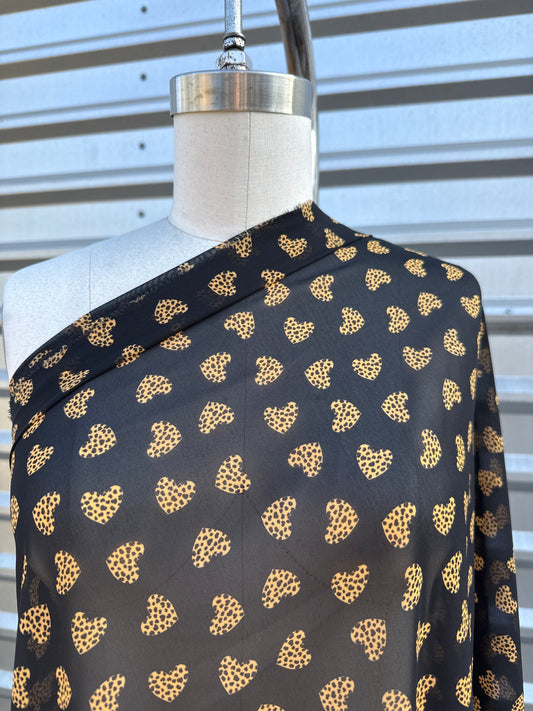 Black Yellow Heart Leopard Print Lightweight Polyester Chiffon Sheer "Leo in Love"