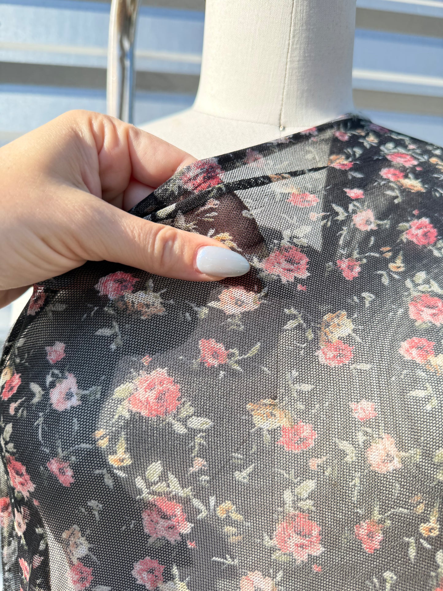 Black Red Green White Rose Floral Print Micro Mesh Stretch Knit "Blooming Rose"