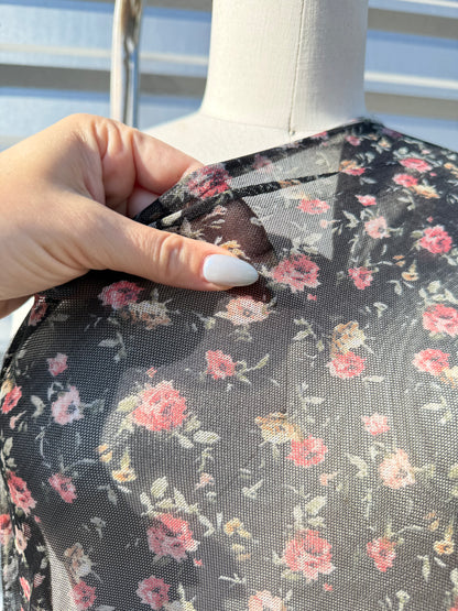 Black Red Green White Rose Floral Print Micro Mesh Stretch Knit "Blooming Rose"