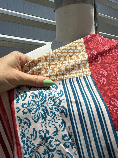 Red Blue Mustard Yellow Pink White Stripe Damask pattern Patchwork "Rocco Patchwork"