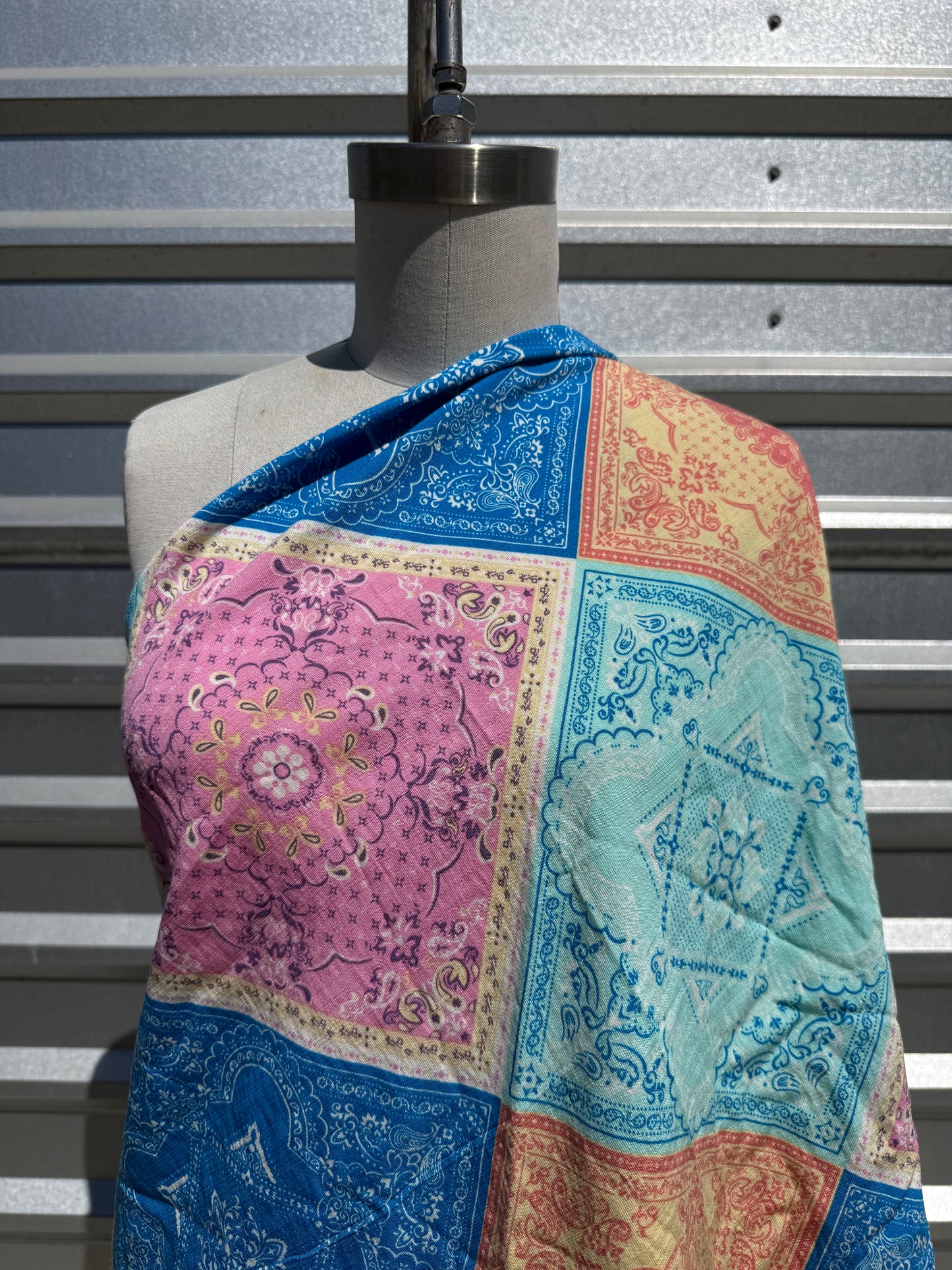 Orange Yellow Blue Pink White Paisley Scarf Print Rayon Fille Woven "Pastel Ranch"