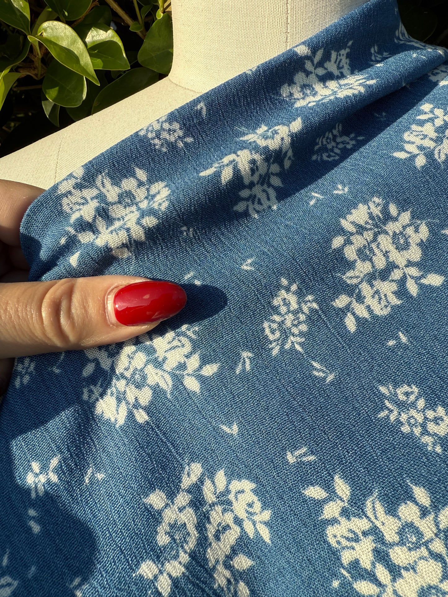 Blue White Floral Rayon Crepe Woven "Sunbleached blooms"