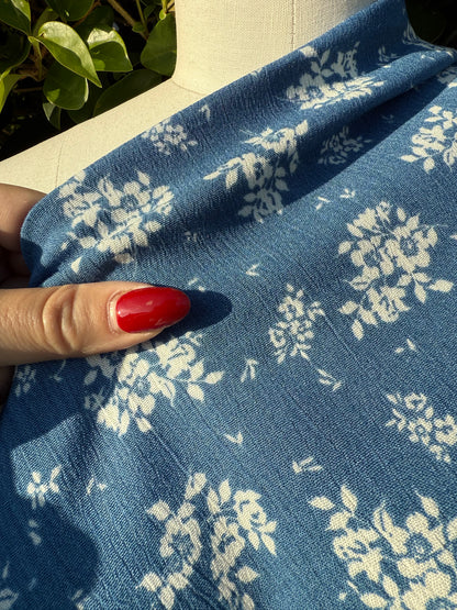 Blue White Floral Rayon Crepe Woven "Sunbleached blooms"