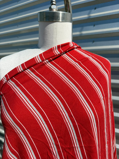 Brick Red White Blue Stripe Rayon Crepe Woven "Flynn"