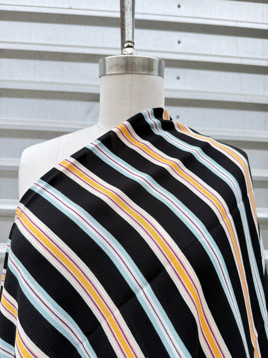 Black Aqua Yellow Stripe Rayon Crepe Woven "Baja Shop"