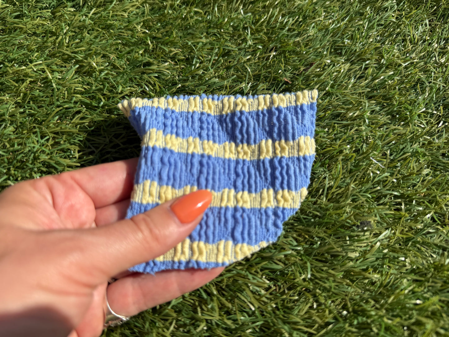 Blue Yellow Stripe Smocked Rayon Spandex Knit “Lemon Drop”