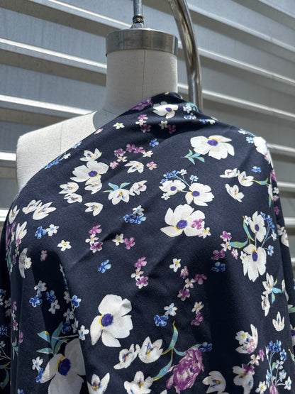 Blue White Purple Green Floral Rayon Challis Woven "Arlene's Garden"