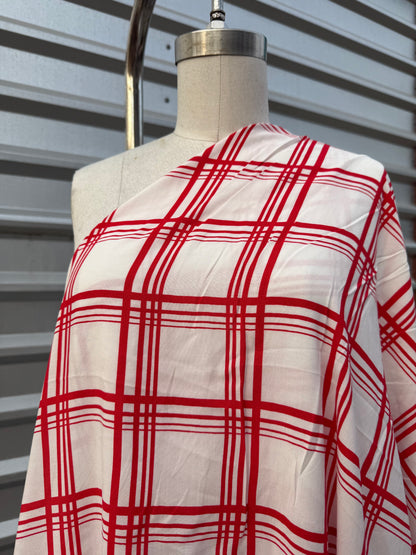 Red White Plaid Rayon Challis Woven ‘Modern Picnic’