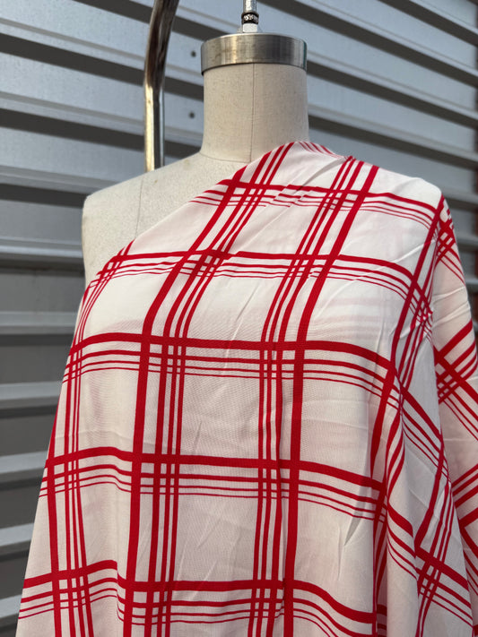 Red White Plaid Rayon Challis Woven ‘Modern Picnic’