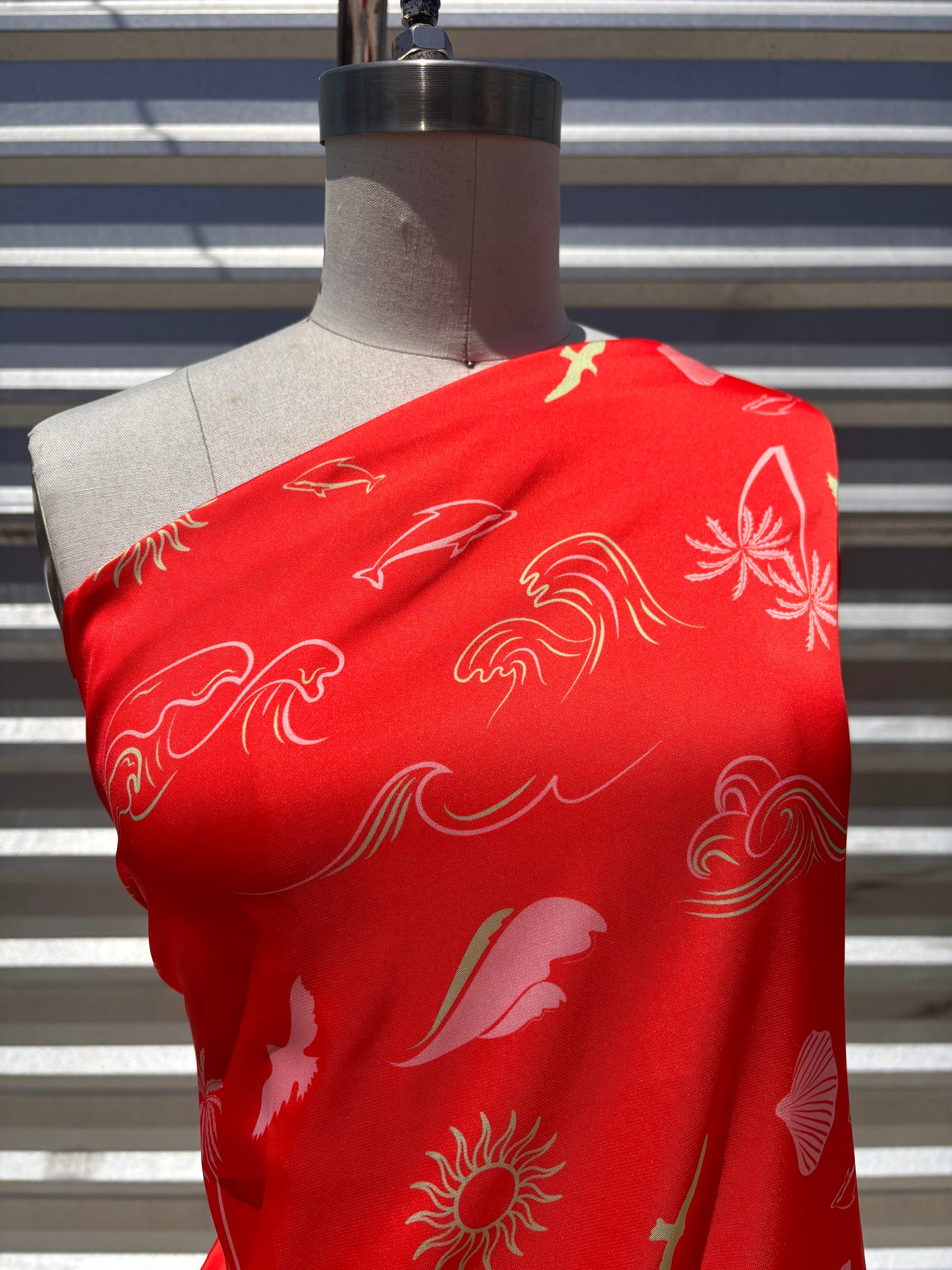 Red Orange Beach Resort Print Polyester Charmeuse Woven “Place in the Sun”