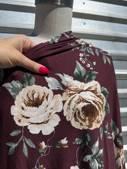Burgundy Ivory Rose Floral Rayon Spandex Jersey Knit "Moody Rose"