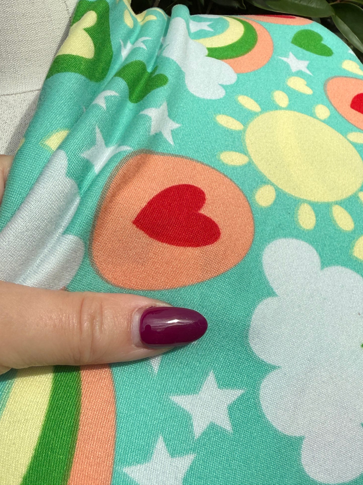 Mint Green Rainbow Cloud Star Print Polyester Spandex Brushed Jersey DTY Knit "Minty Rainbows"