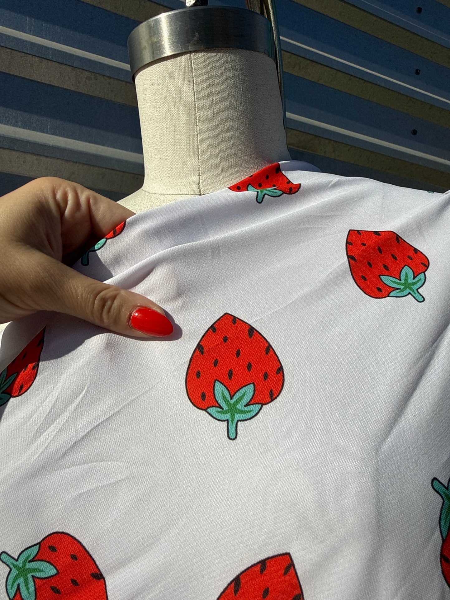 White Red Strawberry Print Polyester Crepe "Sweet Bite"