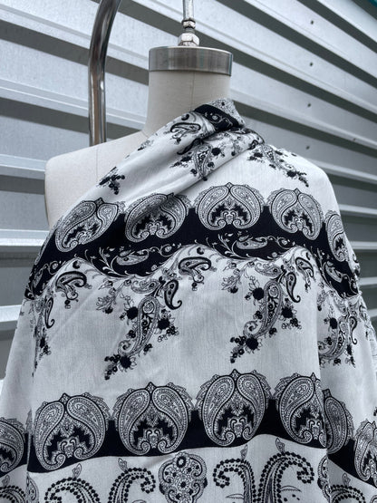 Black White Paisley Boho Print Soft Rayon Crepe "ABQ Vibes"