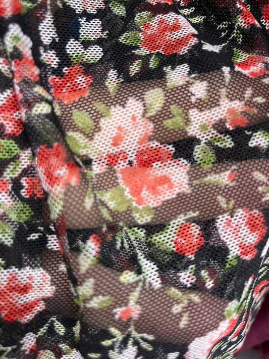 Black Red Green White Rose Floral Print Micro Mesh Stretch Knit "Blooming Rose"