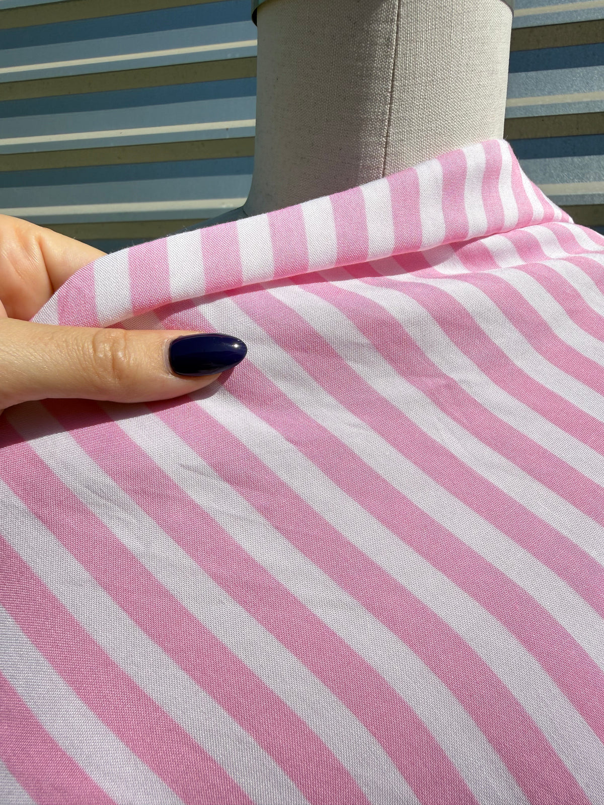 Pink White Stripe Rayon Challis Woven “Candy Stripe”