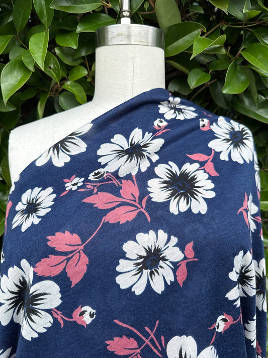 White Black Pink Floral Light Weight Rayon Polyester Spandex Jersey "Beach House"