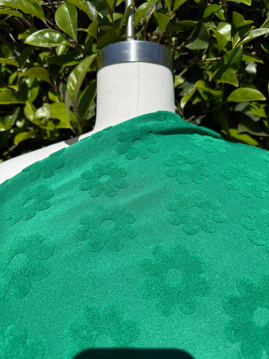 Solid Green Floral Print Daisy Terry Cloth Polyester Jacquard "Clover Patch"