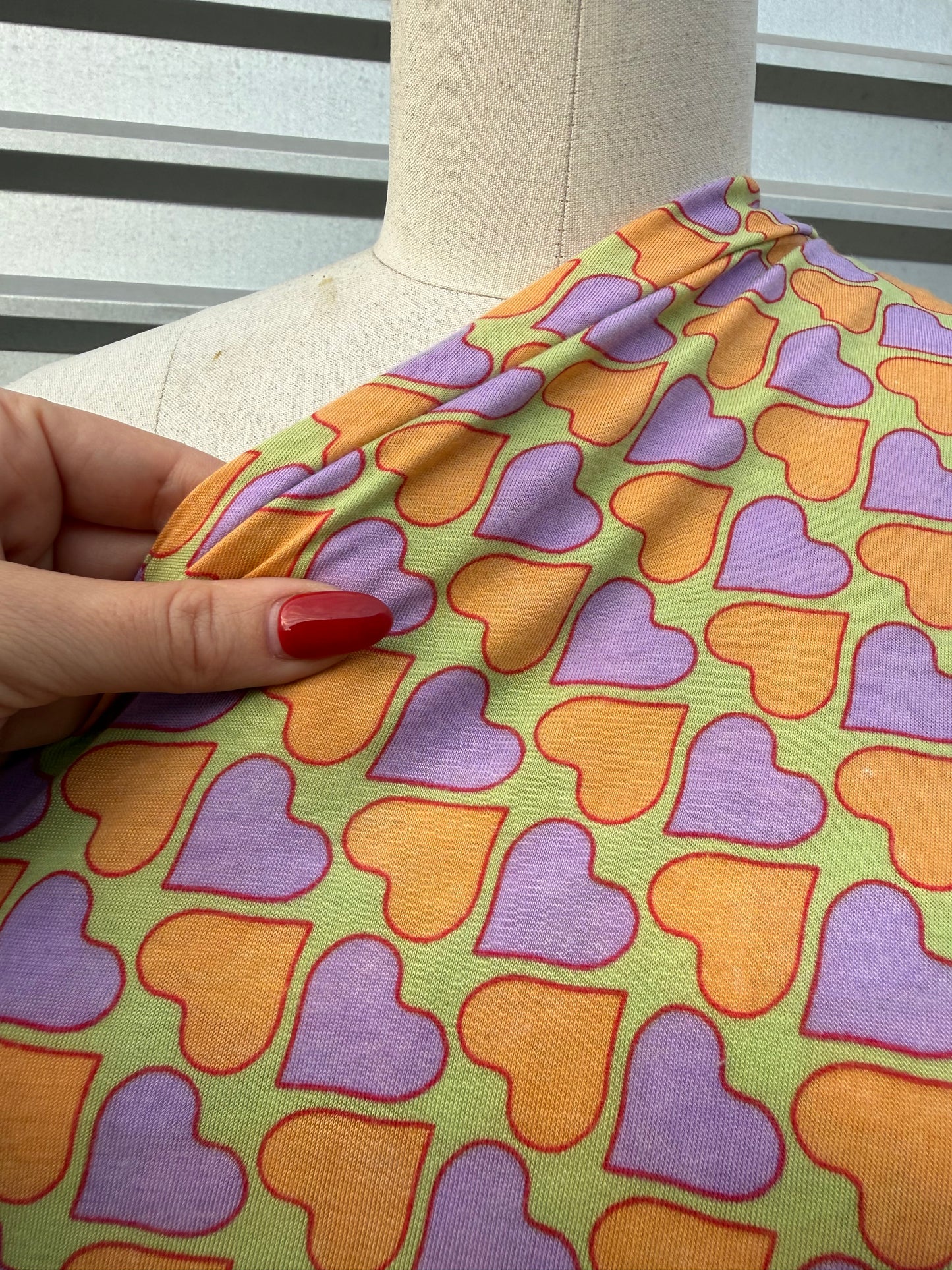 Green Orange Purple Hearts Cotton Jersey "Printed Tenderness"