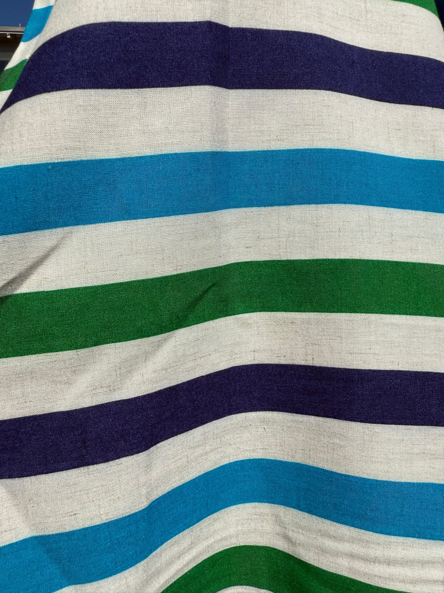 White Blue Green Vertical Stripe Rayon Challis Woven "Mike Ike"