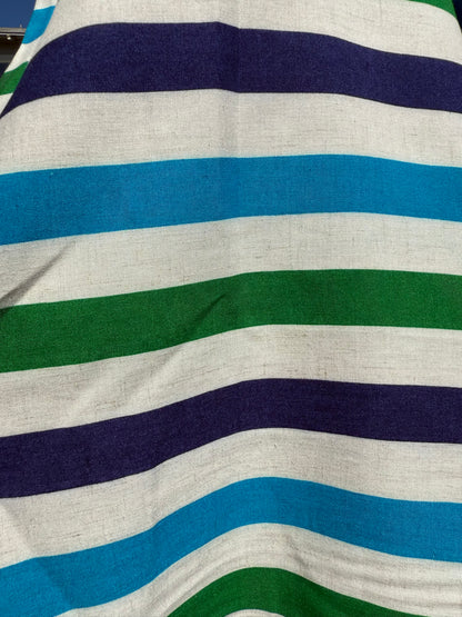 White Blue Green Vertical Stripe Rayon Challis Woven "Mike Ike"