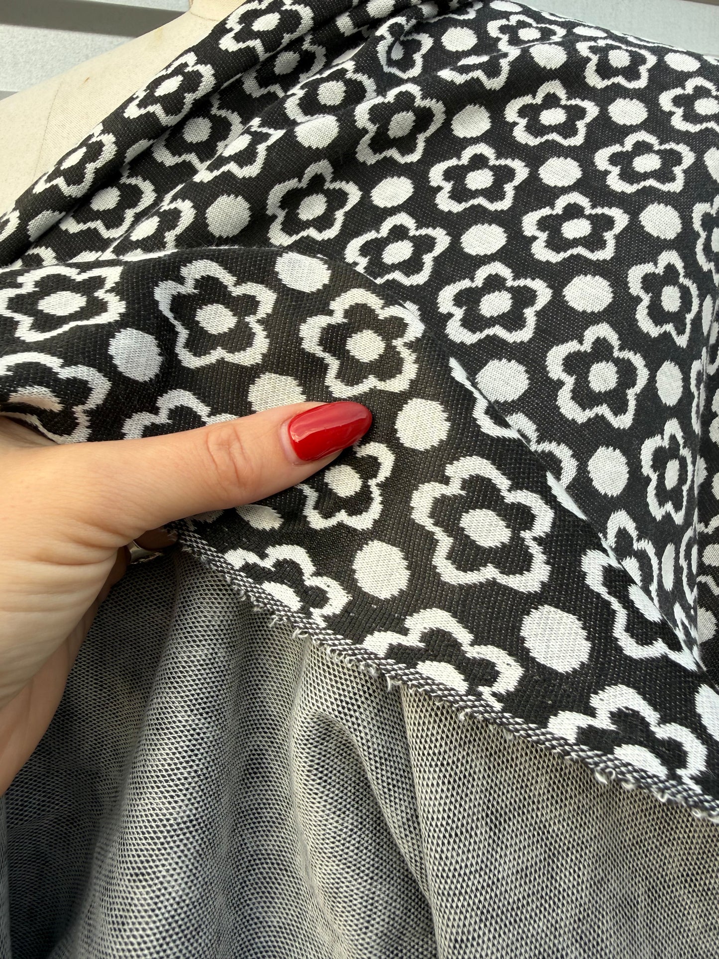 Black White Retro Daisy Dot Print Polyester Spandex Ponte "Night with Oliva"