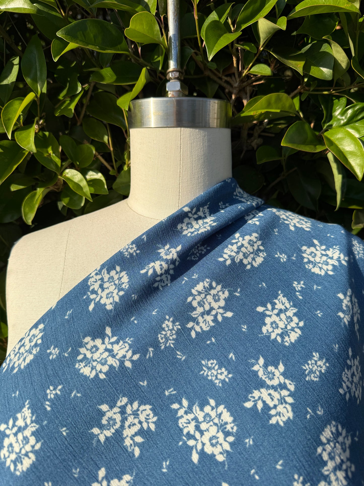 Blue White Floral Rayon Crepe Woven "Sunbleached blooms"