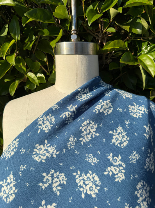 Blue White Floral Rayon Crepe Woven "Sunbleached blooms"