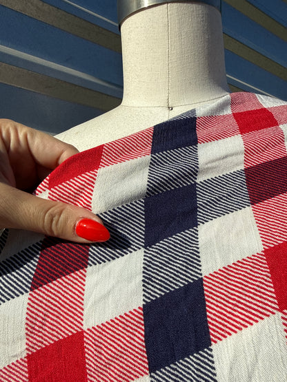 Navy Blue Red White Plaid Soft Rayon Crepe "Rodeo Picnic"
