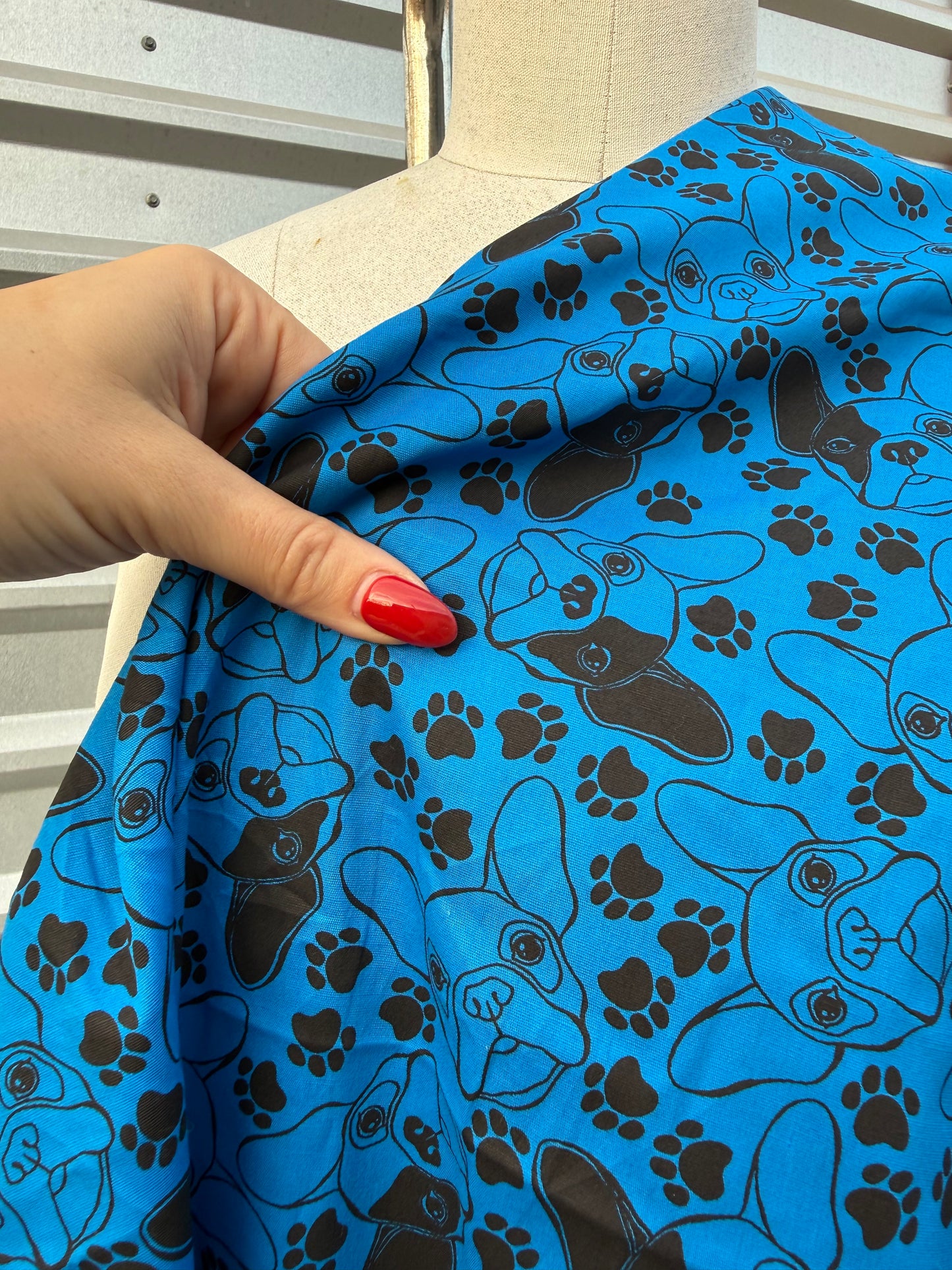 Blue Black Dog Paw Print Cotton Spandex Poplin Woven "Best Boy"