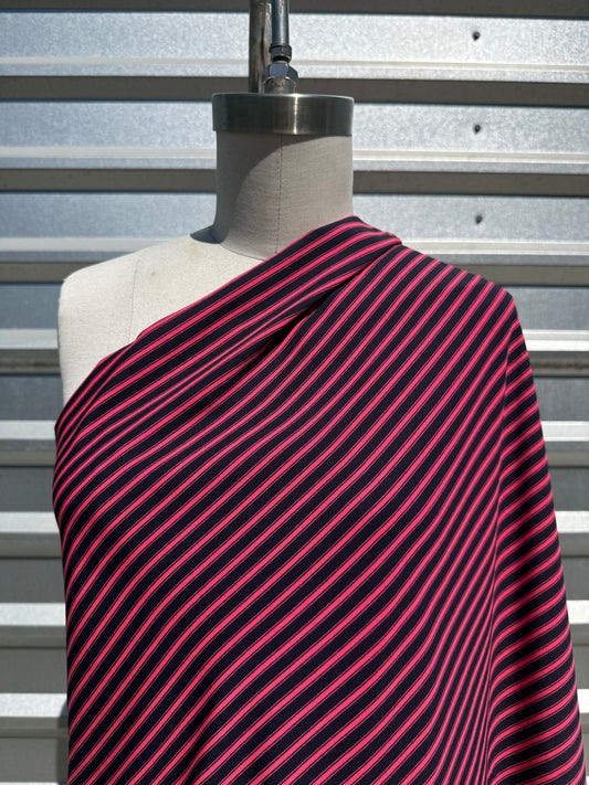 Neon Pink Navy Thin Stripe Polyester Woven "Legally Pink"