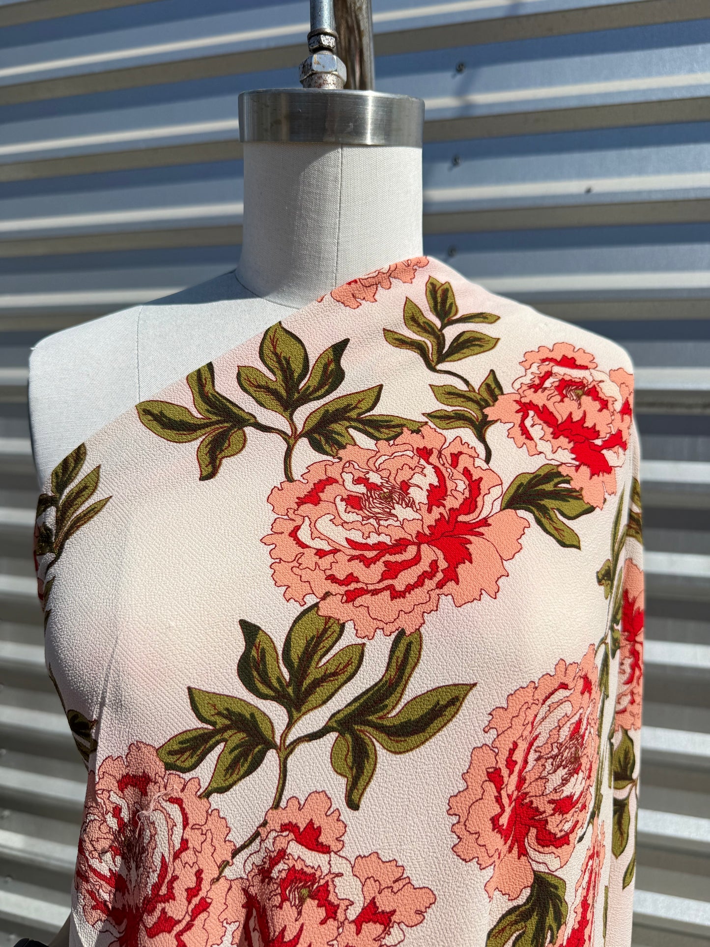 Ivory  Olive Pink Peony Floral Print Polyester Crepe Woven "Talitha"