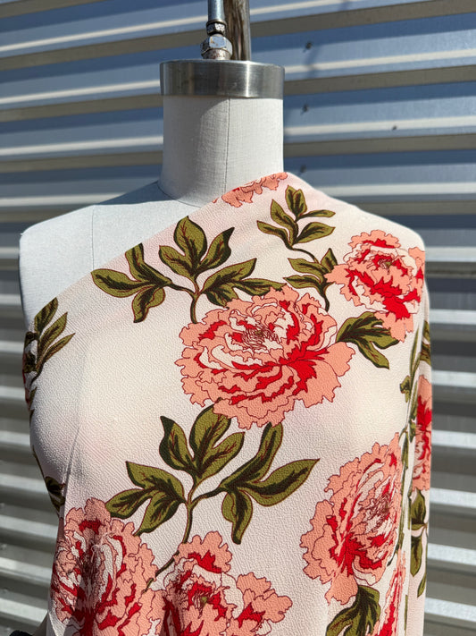 Ivory  Olive Pink Peony Floral Print Polyester Crepe Woven "Talitha"